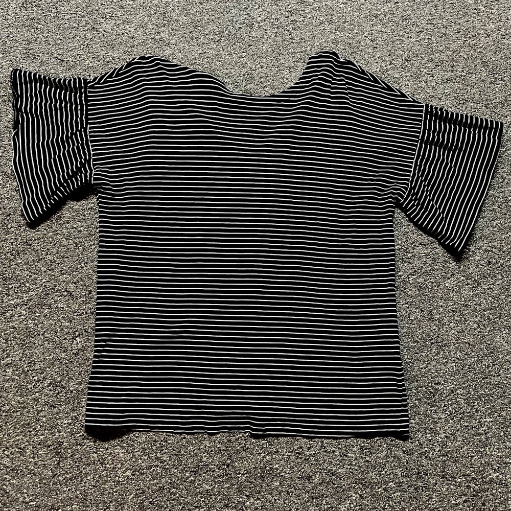 Navy & White Striped Blouse with Ruffle Details